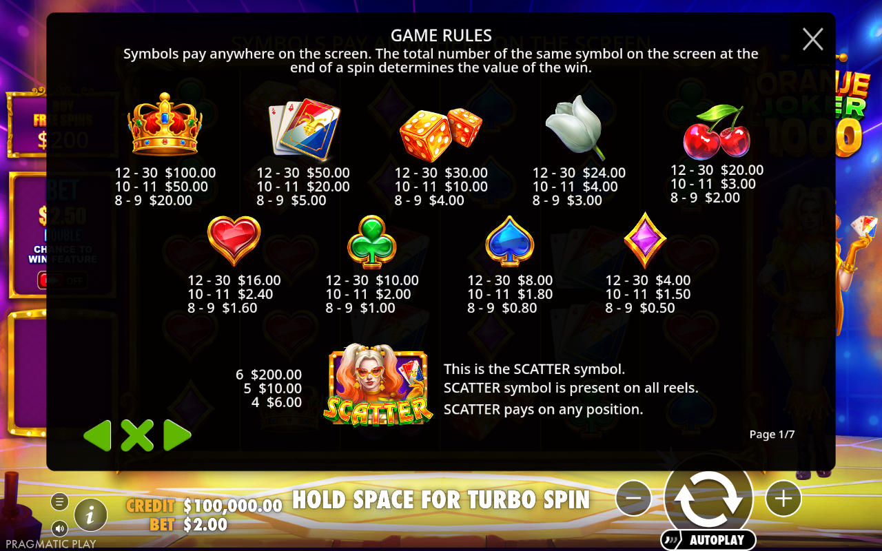 Oranje Joker 1000 information screen