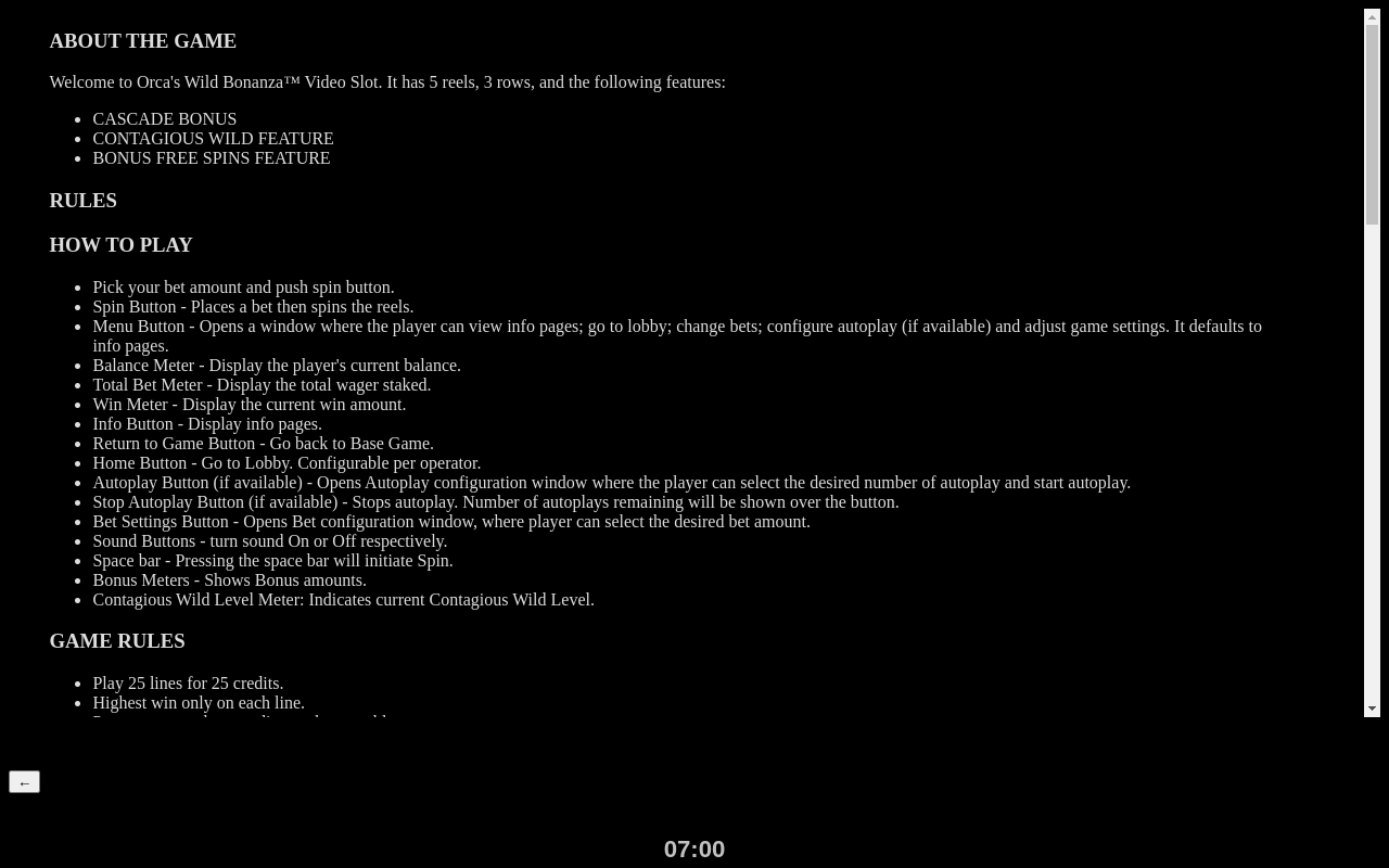 Orca's Wild Bonanza information screen