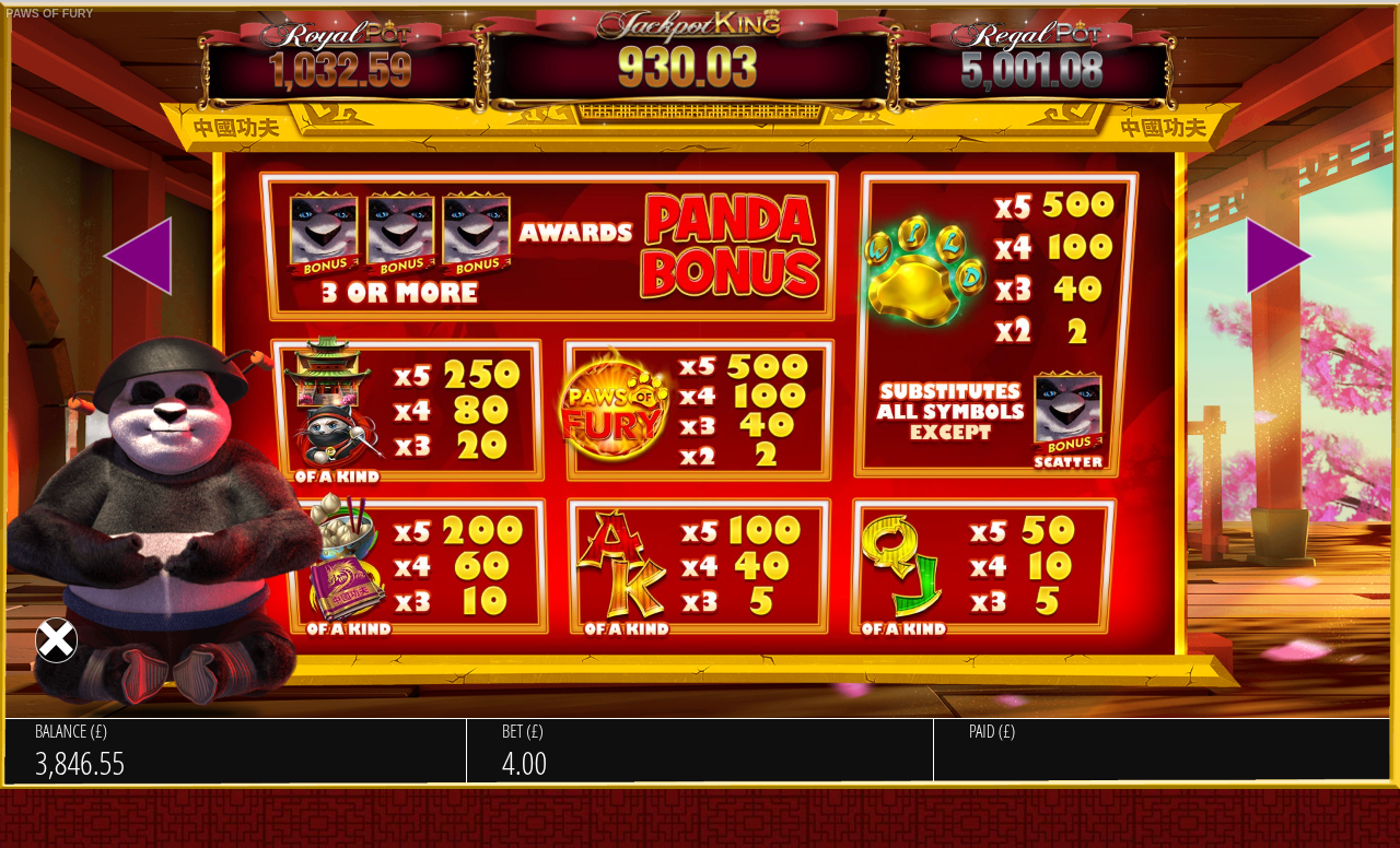 Paws Of Fury information screen