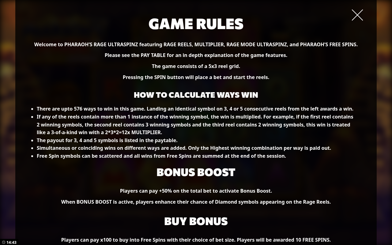 Pharaoh's Rage UltraSpinz information screen