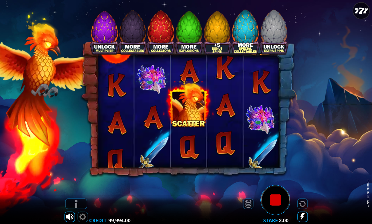 Phoenix Reign gameplay with scatter symbols and orb values