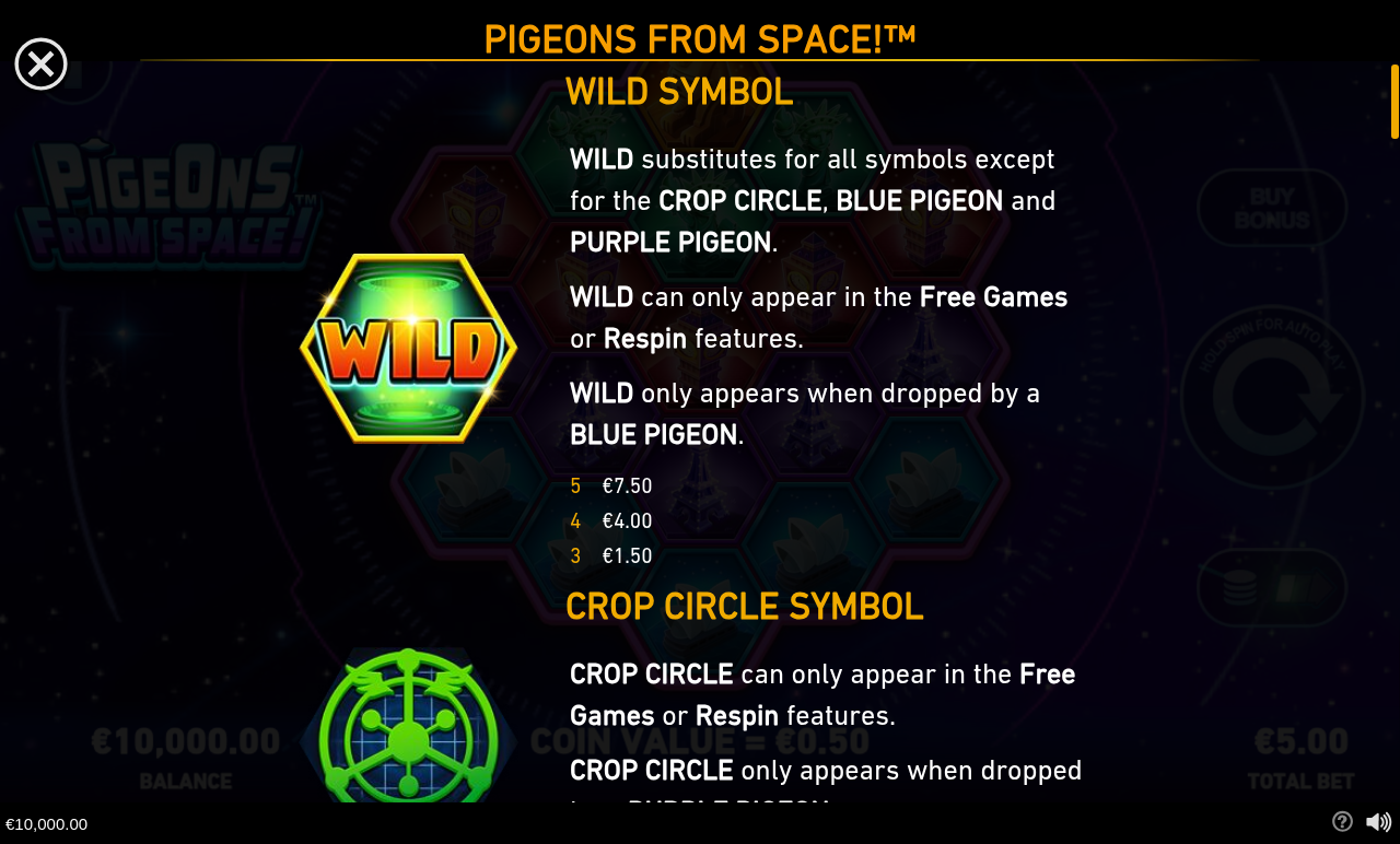 Pigeons from Space information screen