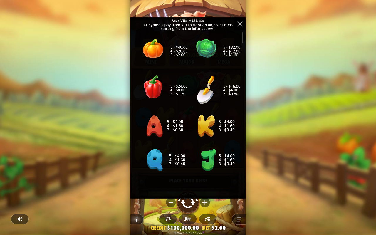 Pig Farm paytable and rules information screen