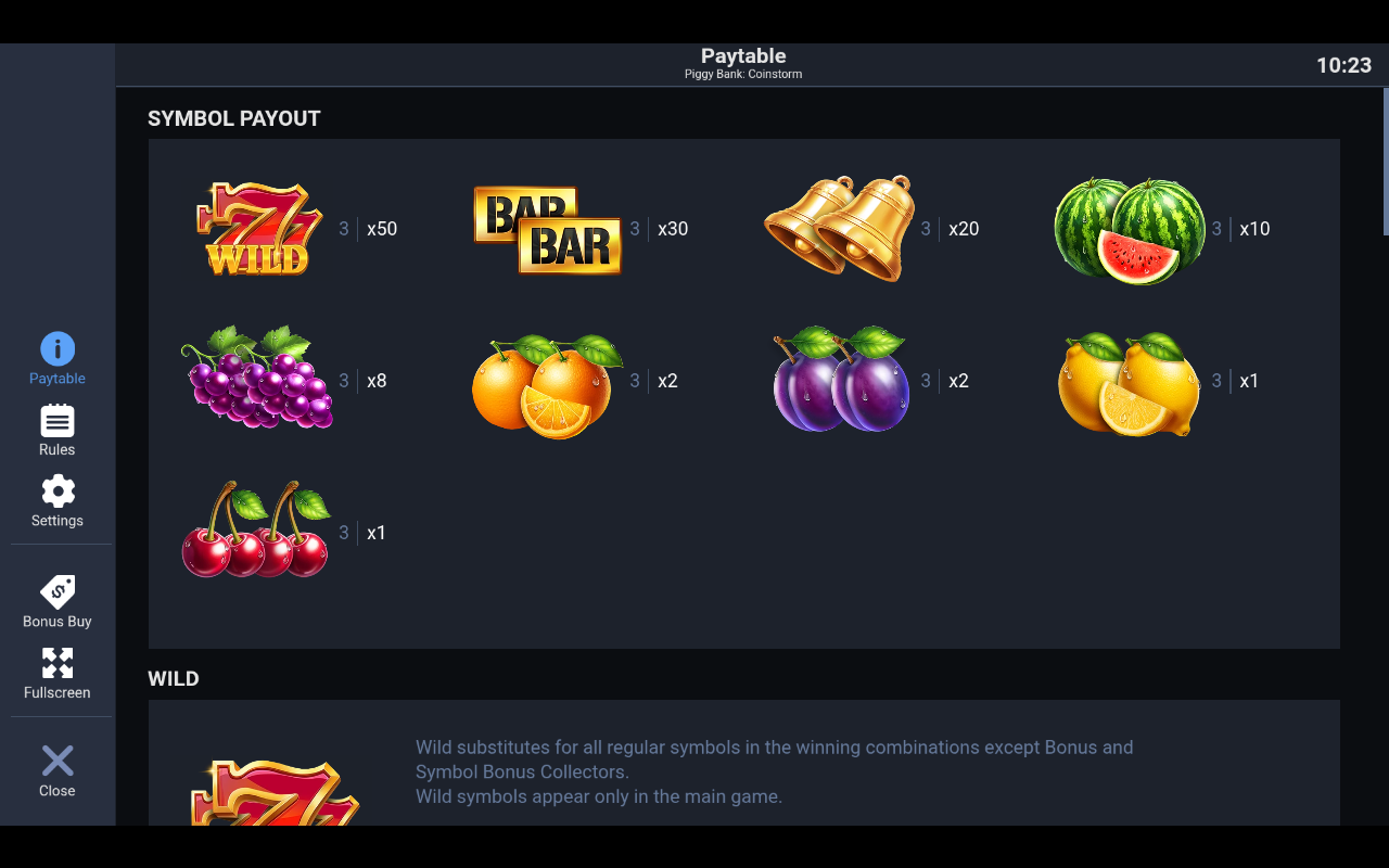 Piggy Bank: Coinstorm information screen