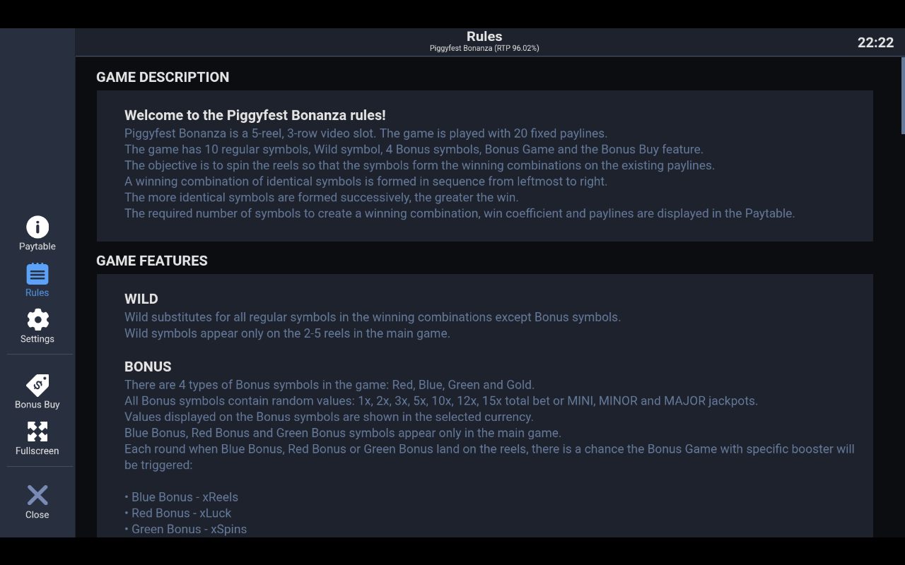 Piggyfest Bonanza information screen