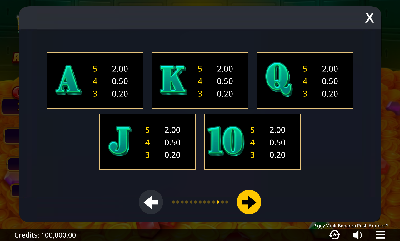 Piggy Vault Bonanza Rush Express information screen