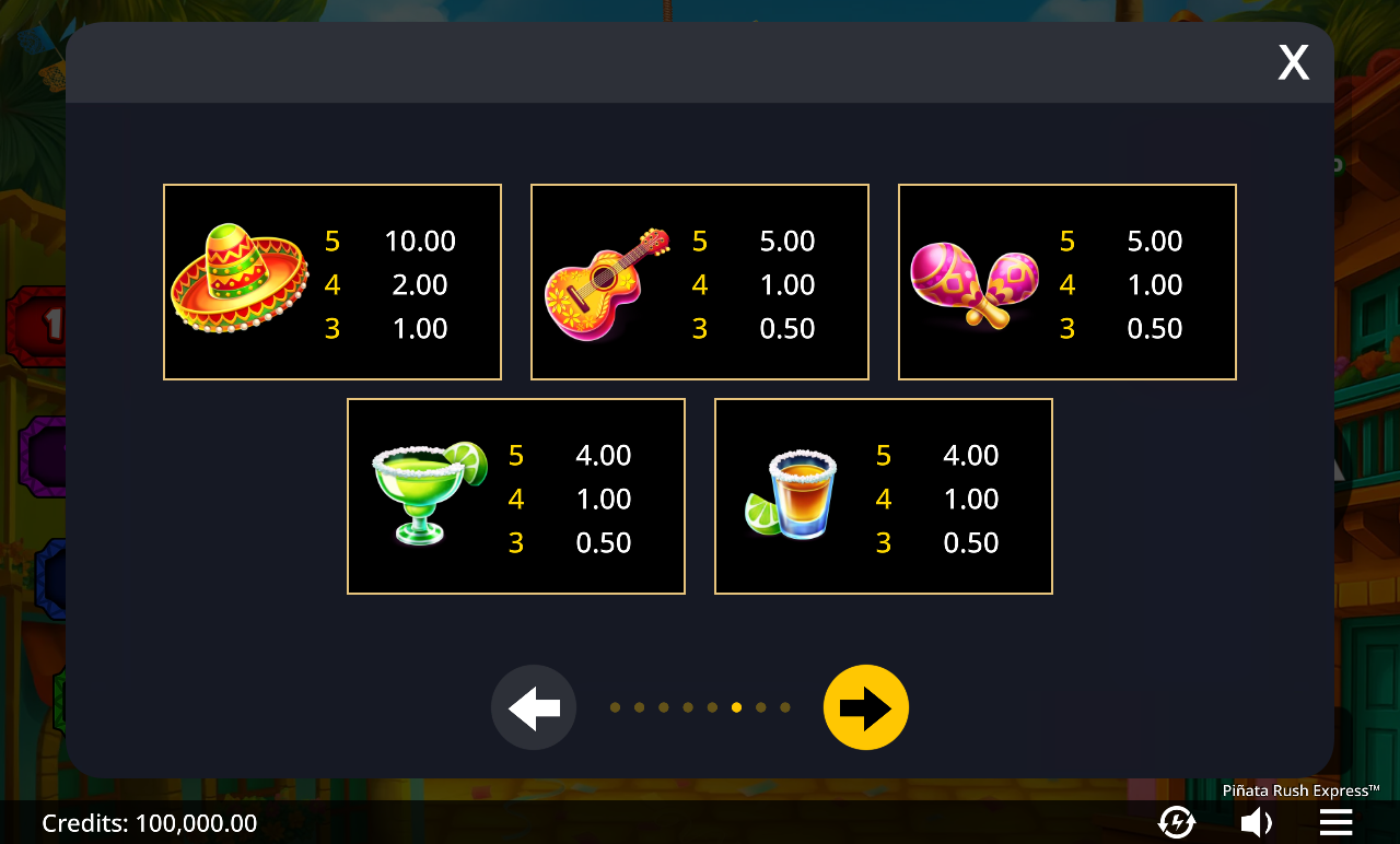 Piñata Rush Express paytable and rules screen