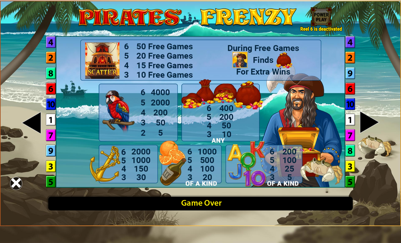 Pirates Frenzy free games information screen