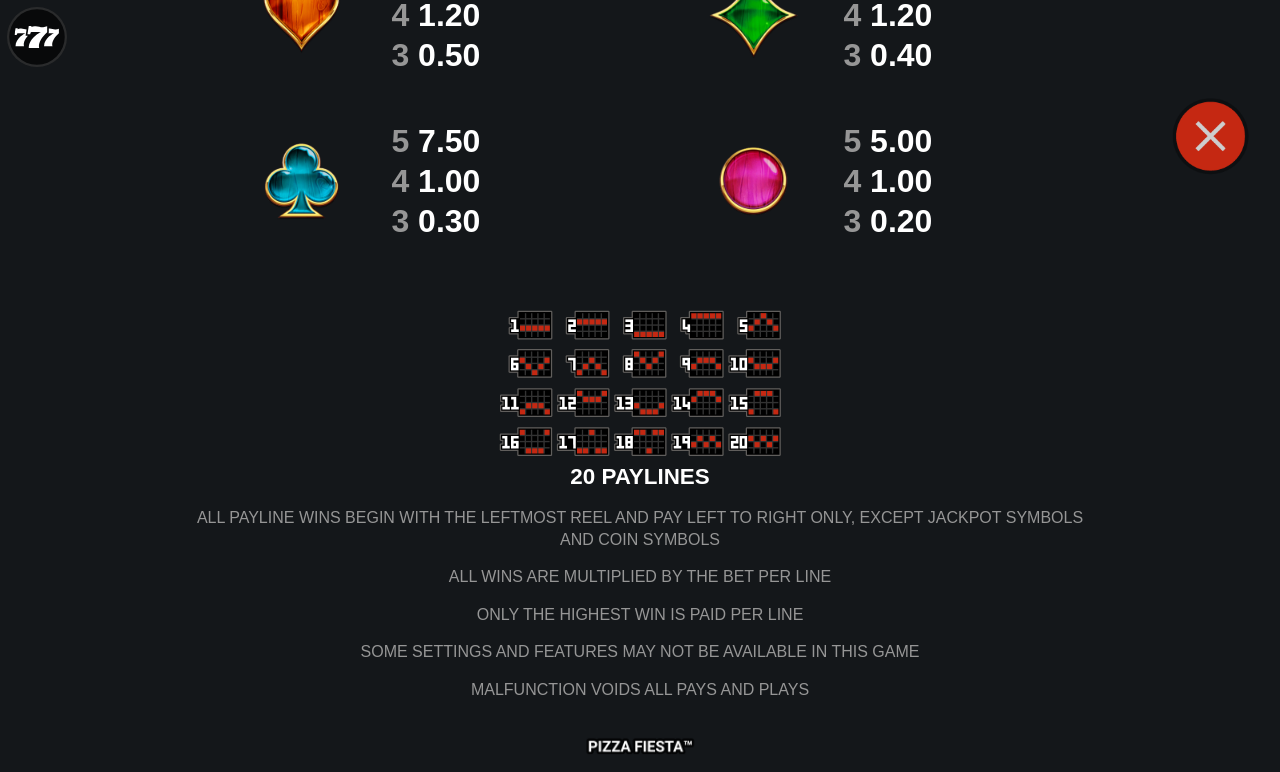 Pizza Fiesta information screen