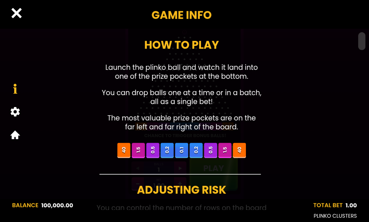 Plinko Clusters information screen