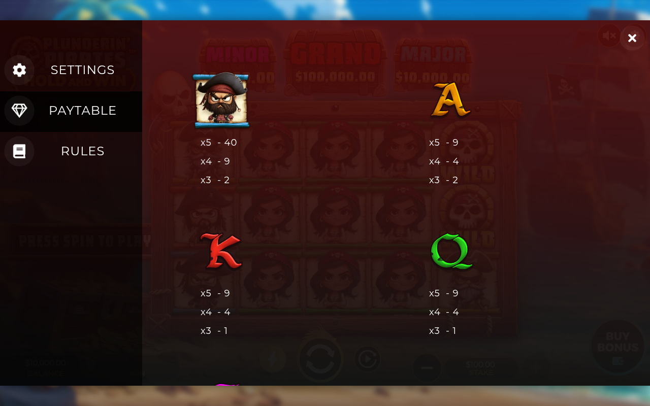 Plundering Pirates Hold And Win information screen