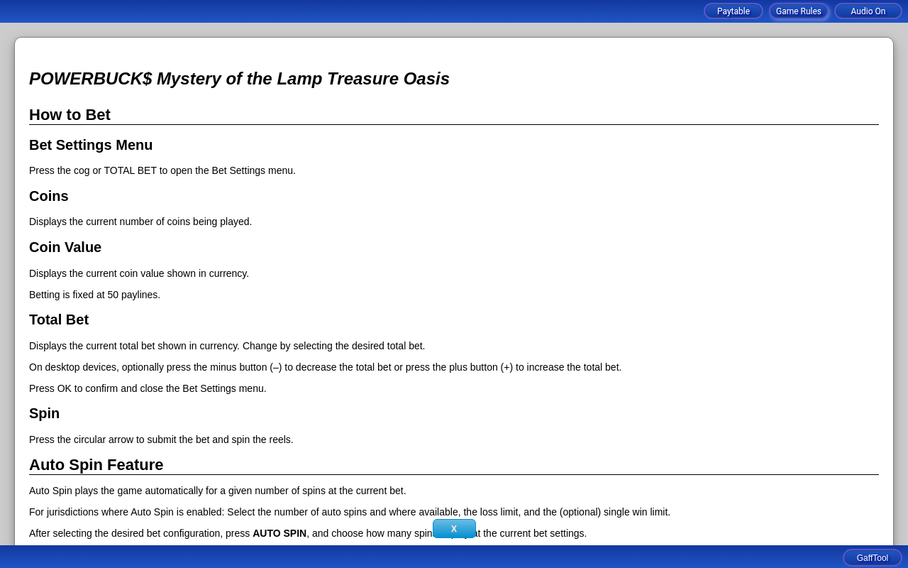 Powerbucks Mystery Of The Lamp Treasure Oasis information screen