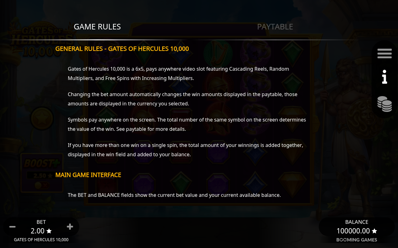 Power of Hercules Bonanza 10,000 information screen