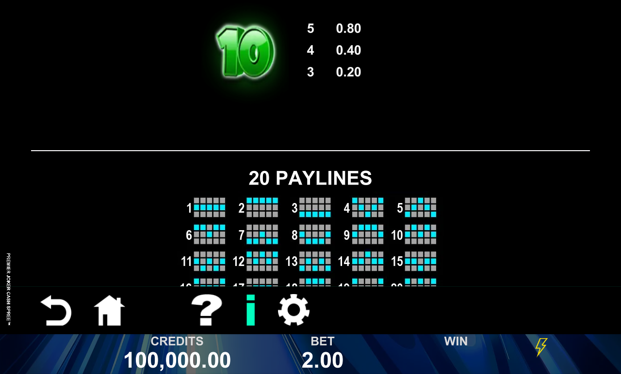 Premier Joker Cash Spree paytable and rules screen