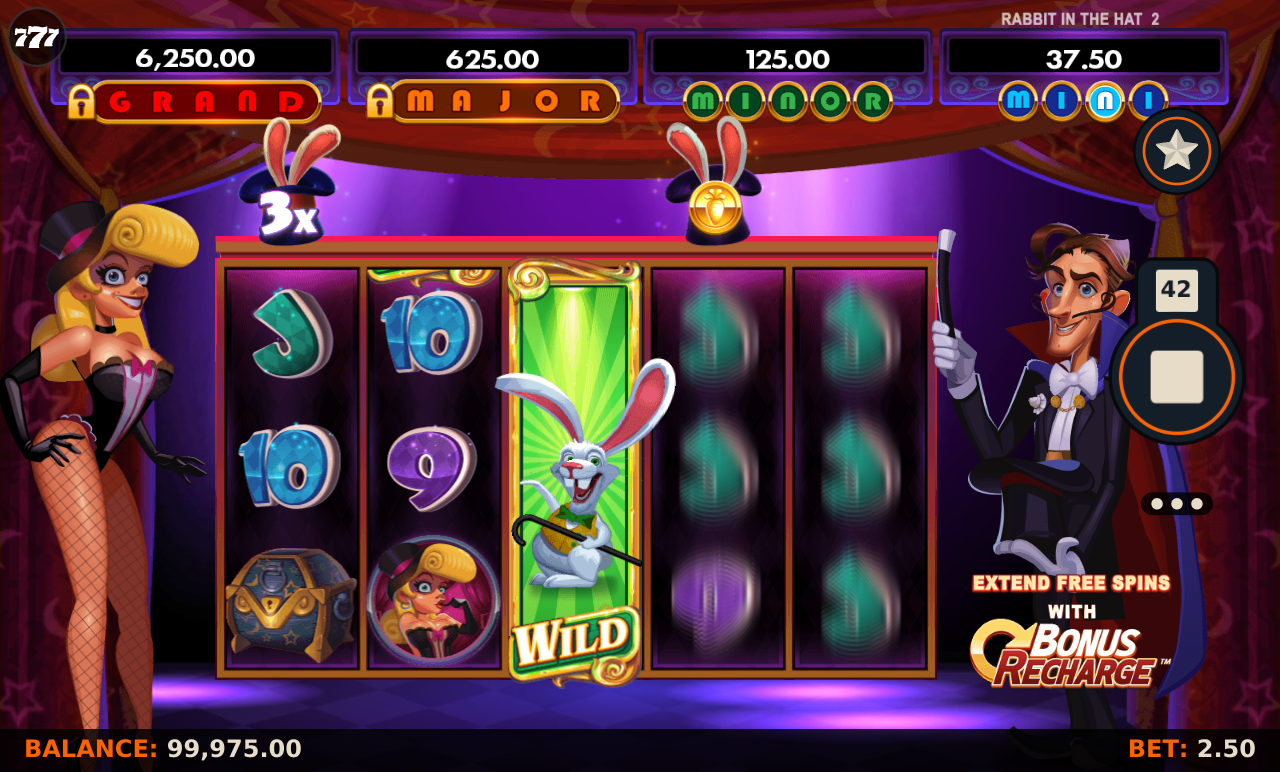 Free spins in progress with hats stacked above the reels