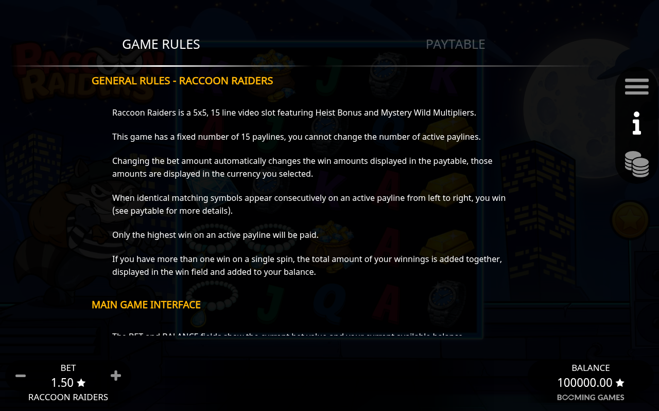 Raccoon Raiders information screen