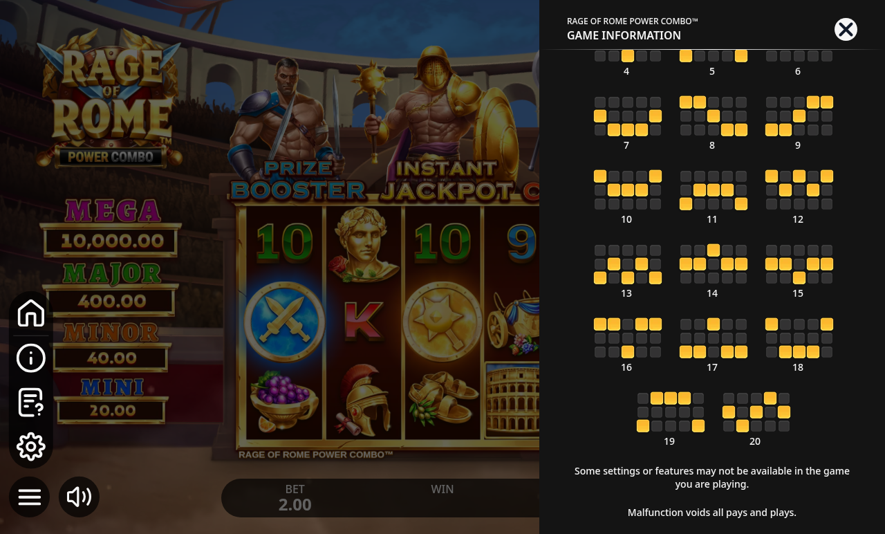 Rage Of Rome POWER COMBO information screen