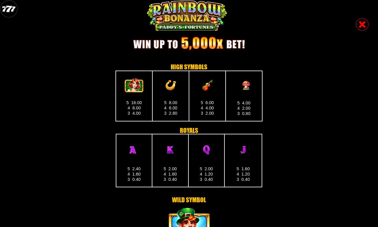 Rainbow Bonanza Paddy's Fortunes information screen