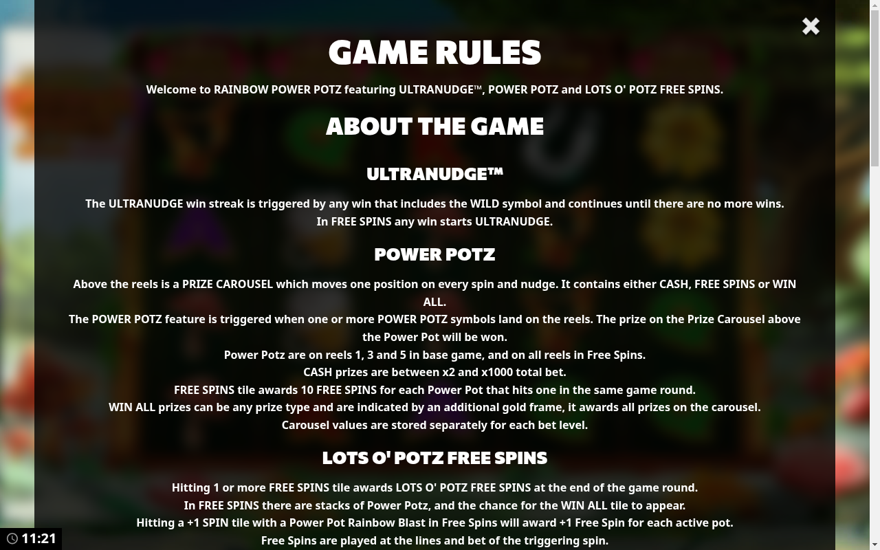 Rainbow Power Potz UltraNudge information screen