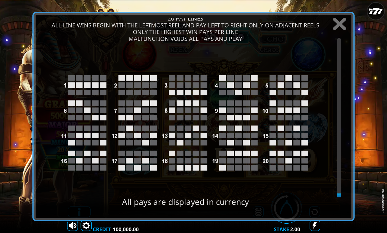 Ra Unleashed paylines information screen