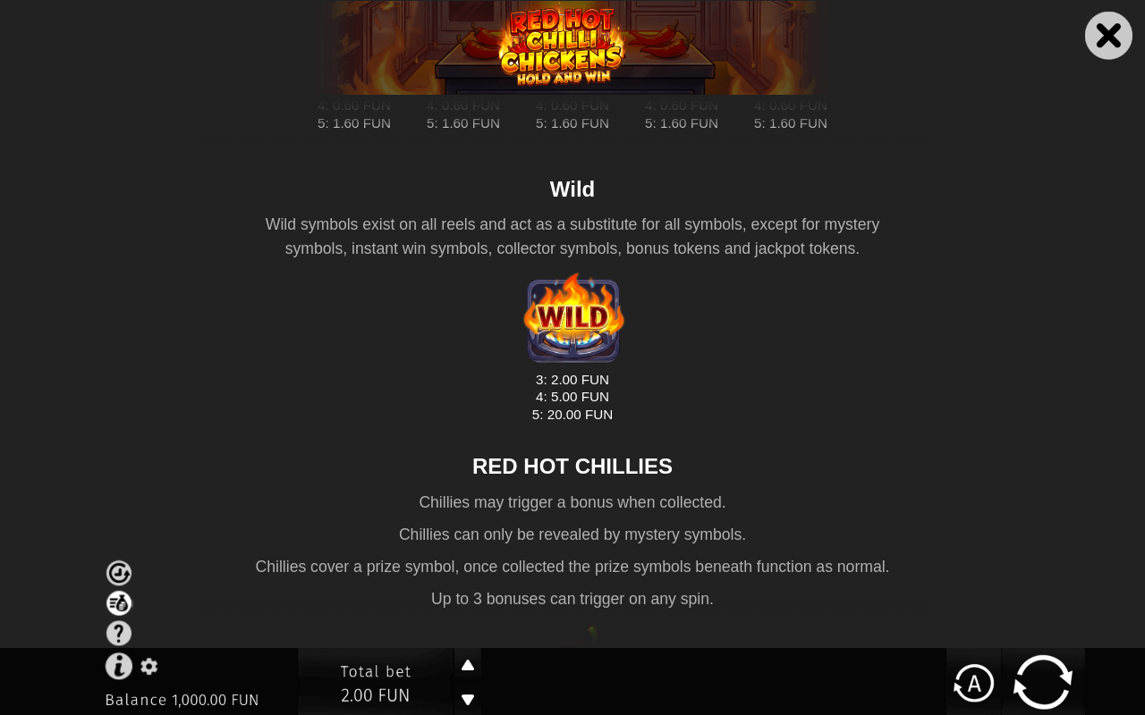 Red Hot Chilli Chickens information screen