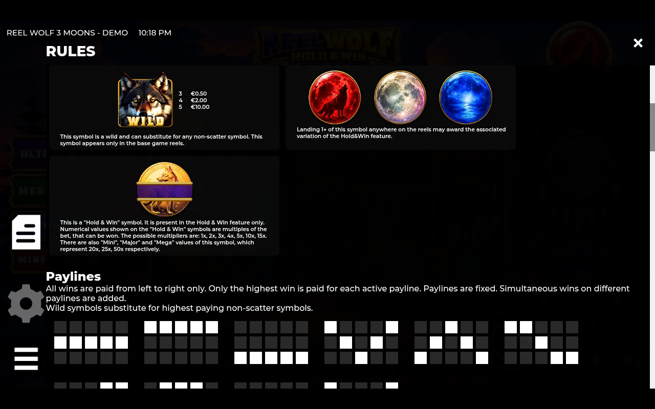 Reel Wolf 3 Moons information screen