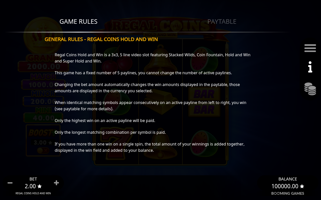 Regal Coins Hold and Win information screen