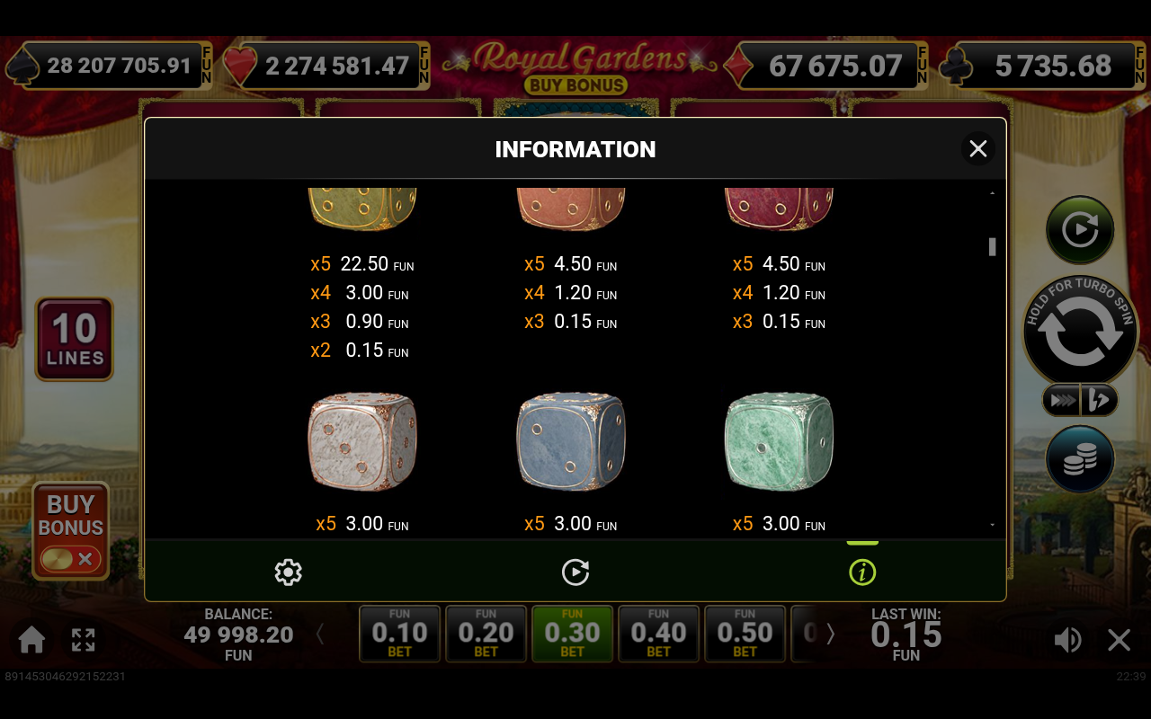 Royal Gardens Buy Bonus information screen