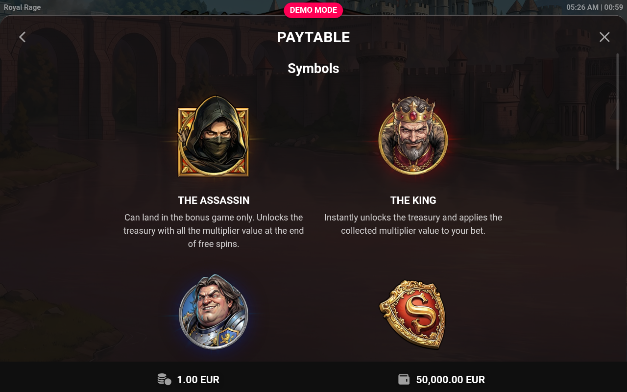 Royal Rage information screen