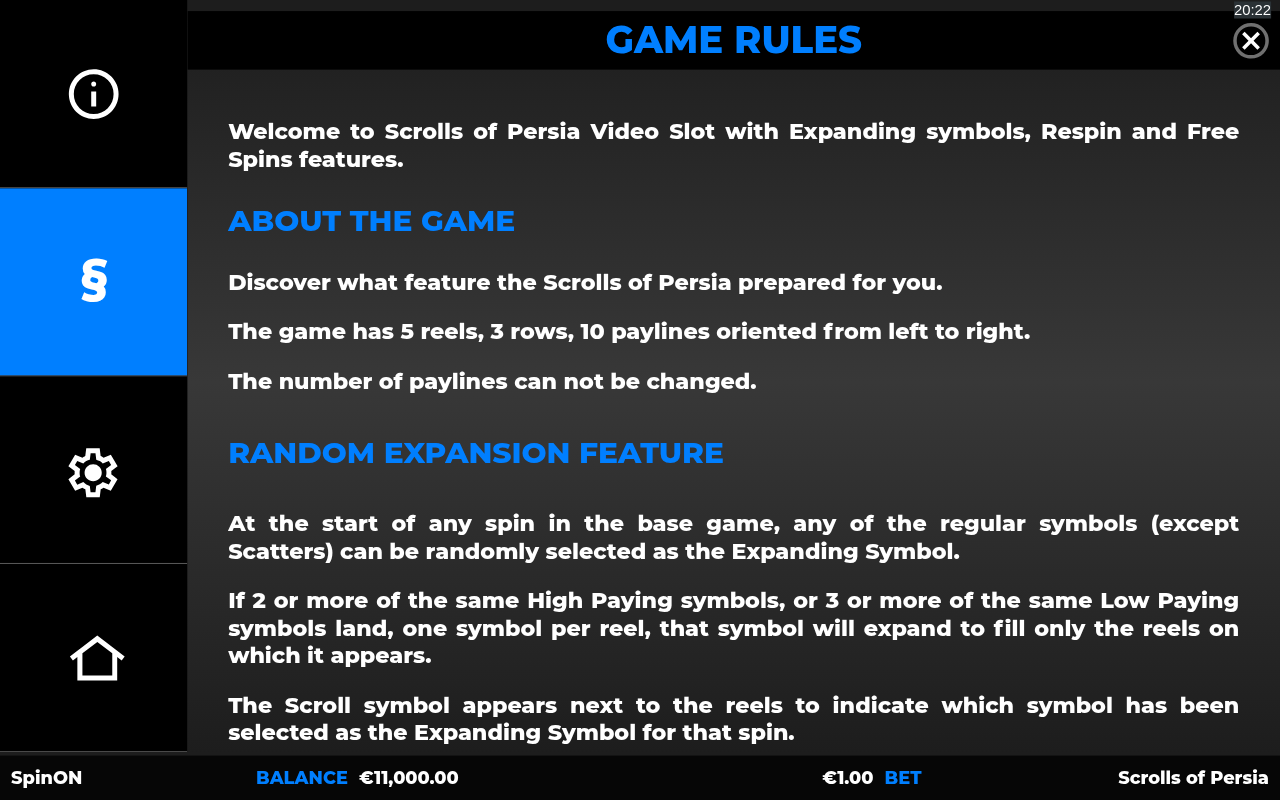 Scrolls of Persia information screen