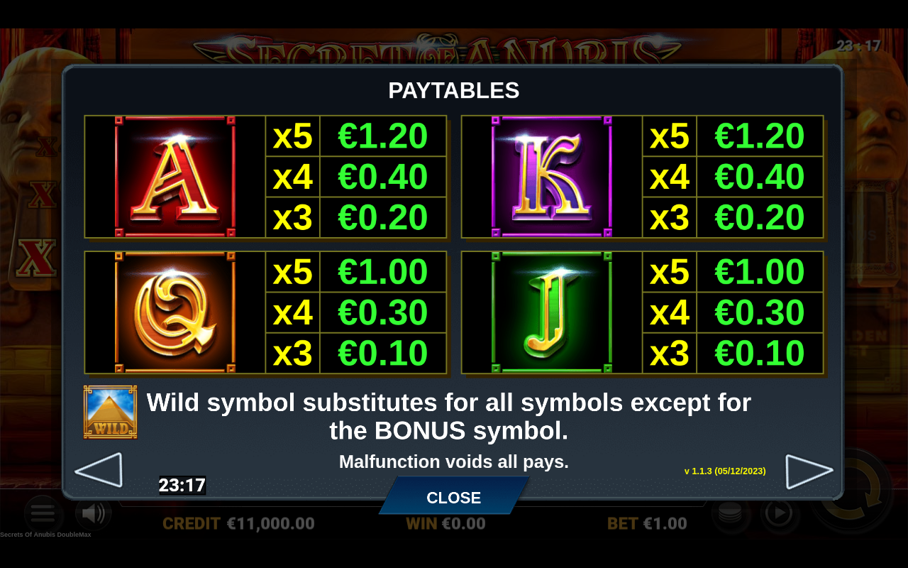 Secret of Anubis DoubleMax information screen