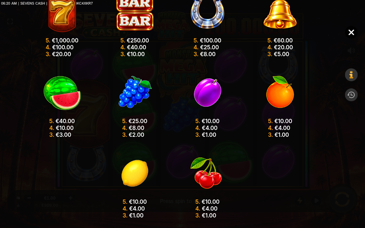 Sevens Cash information screen