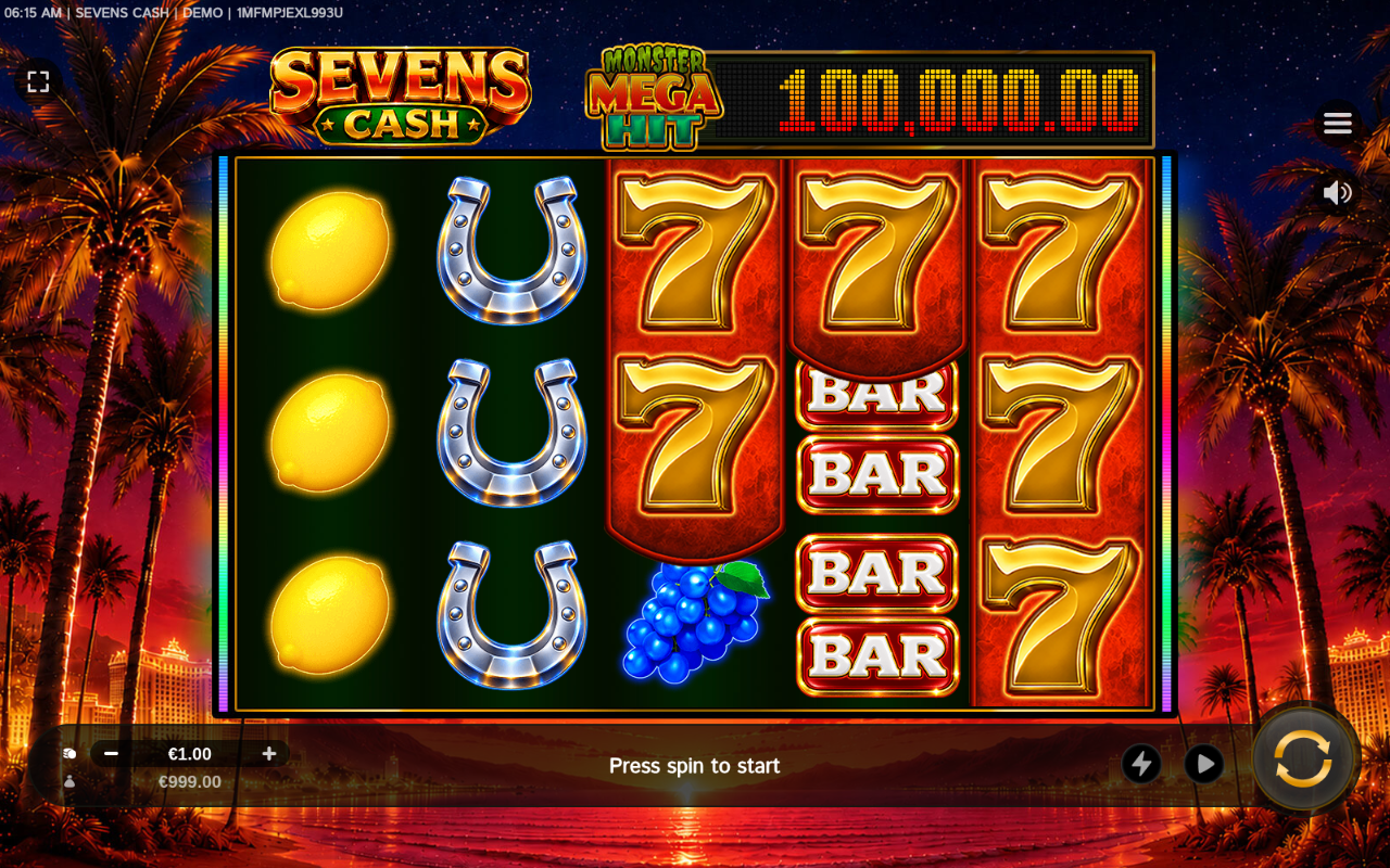 Sevens Cash gameplay showing three 7 symbols on the top row