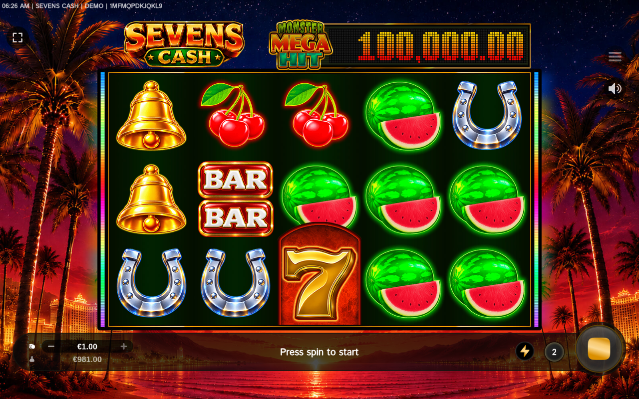 Sevens Cash gameplay with the Monster Mega Hit symbol on the reels