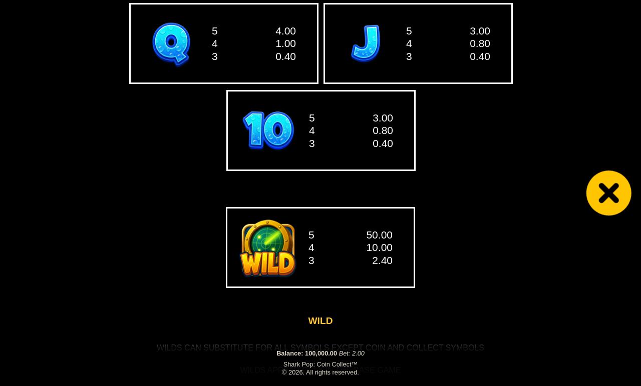 Shark Pop: Coin Collect paylines and rules information screen