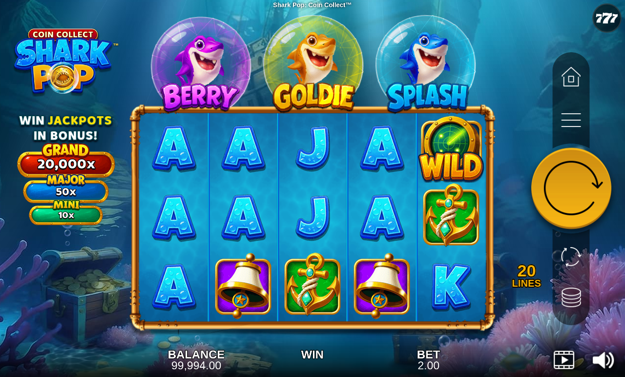 Shark Pop: Coin Collect gameplay with coin values on the reels