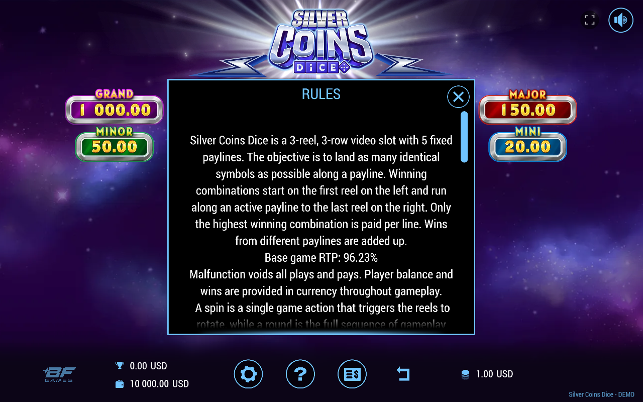 Silver Coins Dice information screen