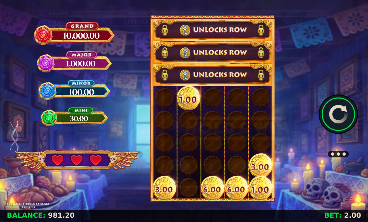 Skulls and Souls Bonanza Coin Grid respins with held coins in the bonus round