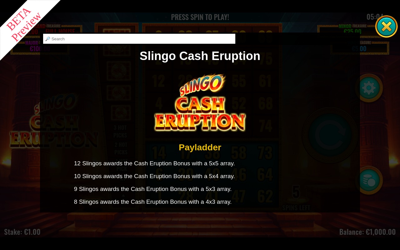 Slingo Cash Eruption information screen