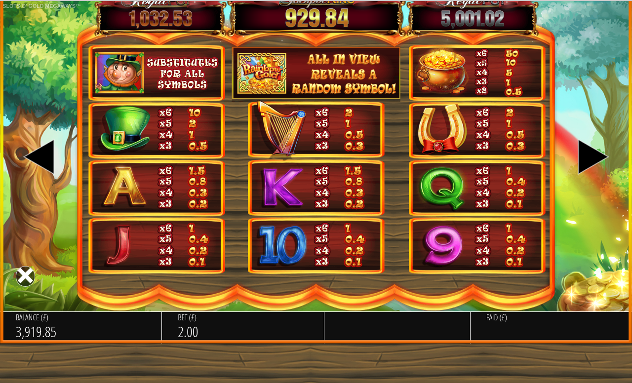 Slots O Gold Megaways Rainbow Gold information screen