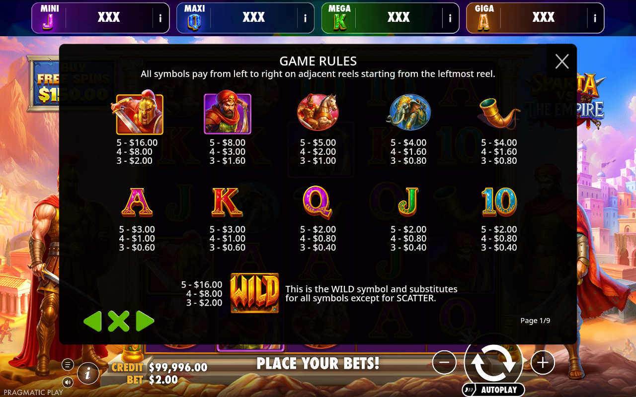 Sparta vs The Empire - Oranje Jackpot information screen