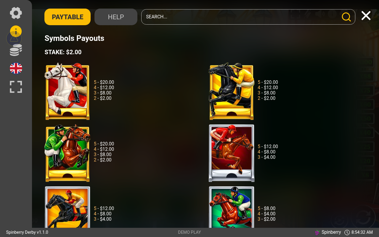 Spinberry Derby Derby Feature information screen