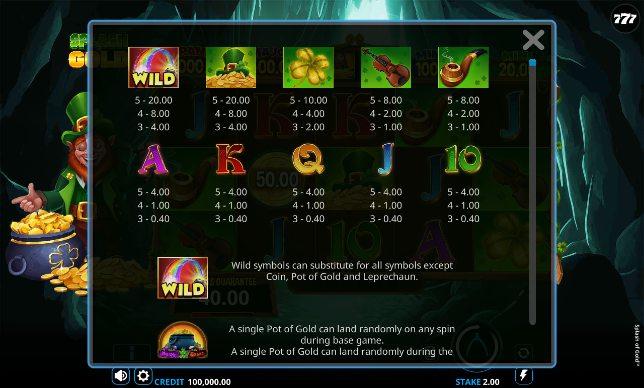 Splash of Gold information screen
