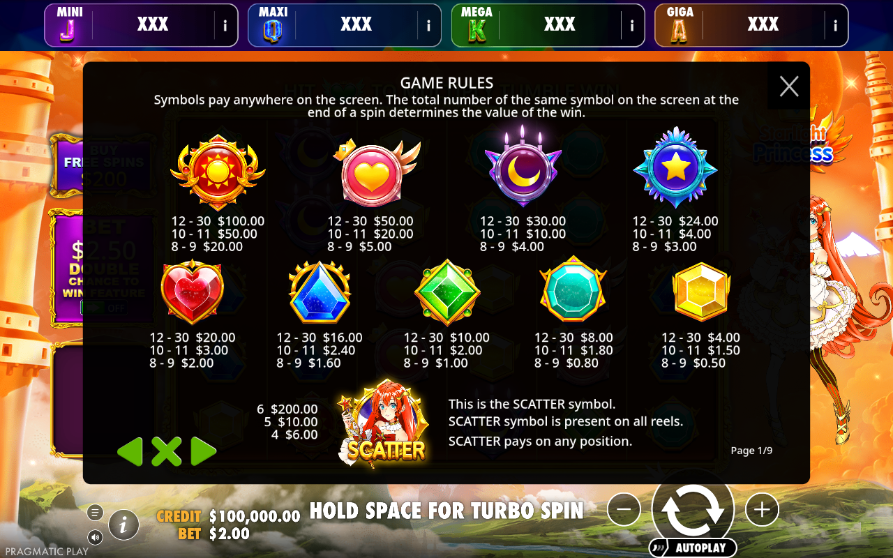 Starlight Princess - Oranje Jackpot information screen