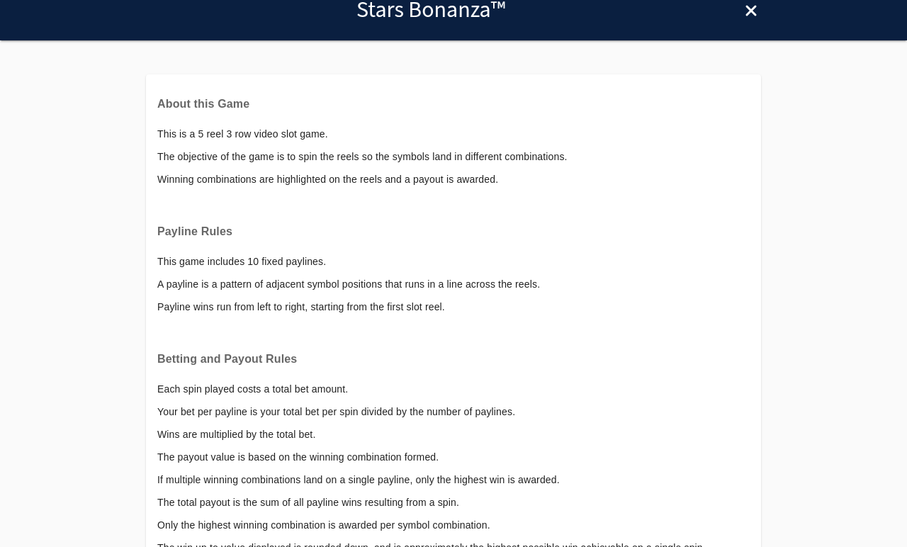 Stars Bonanza information screen