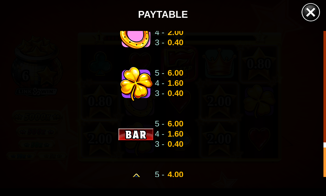 Star Stash Wild 7's paytable and rules screen