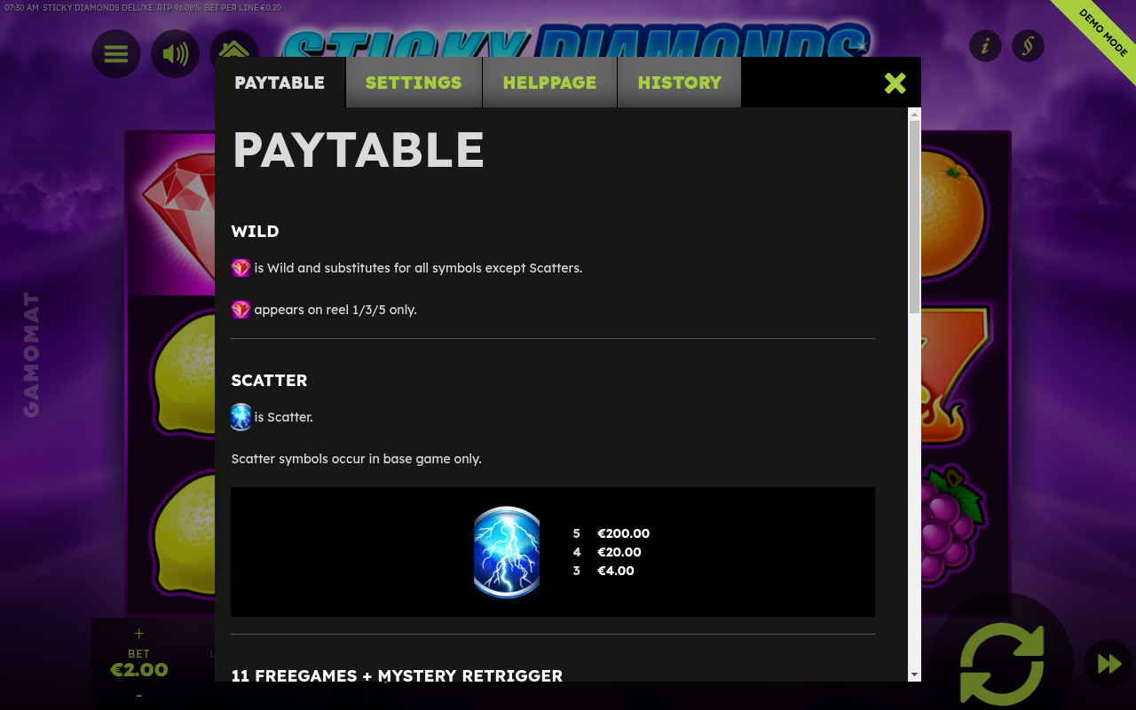 Sticky Diamonds Deluxe information screen showing wild and scatter symbols