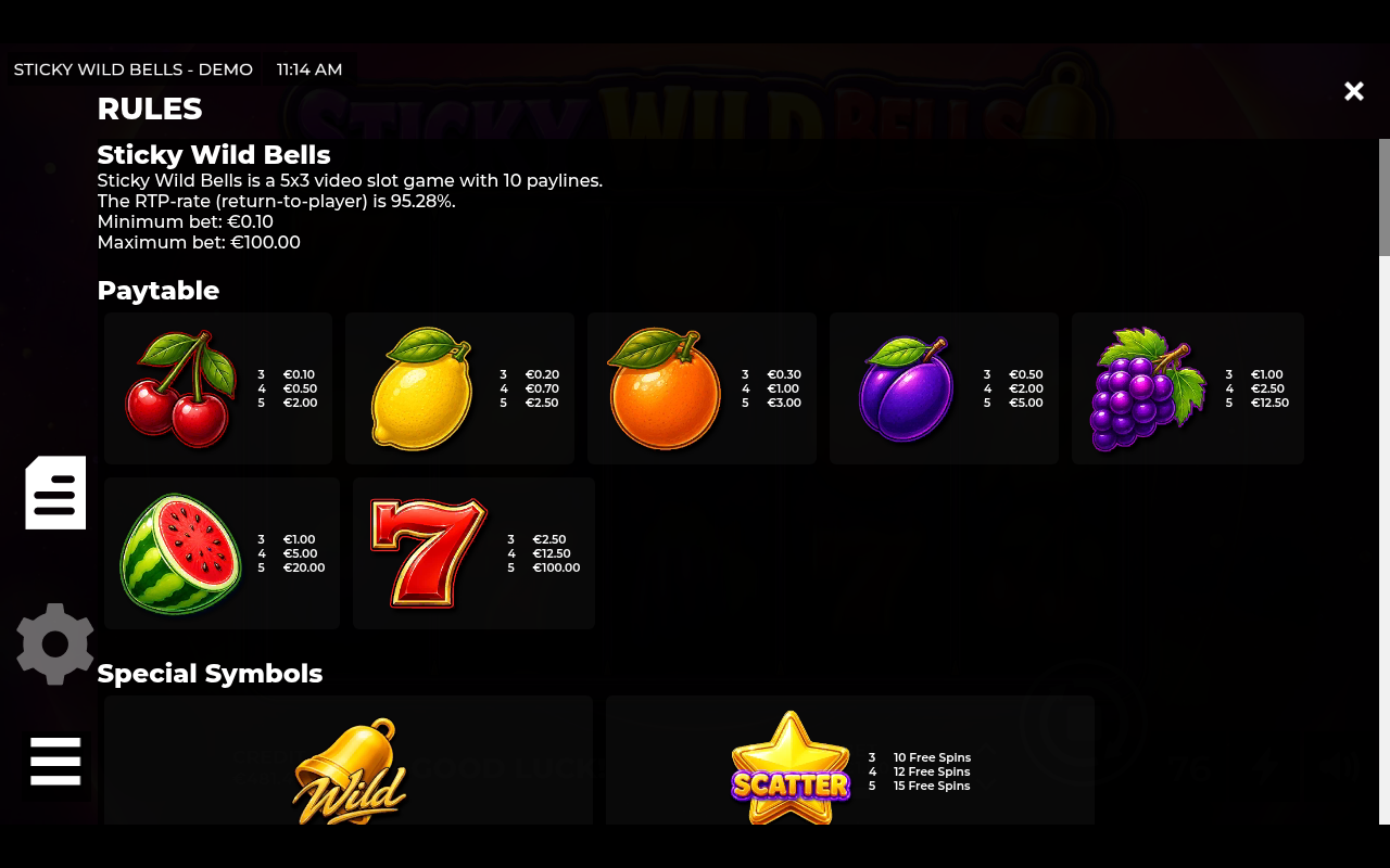 Sticky Wild Bells information screen