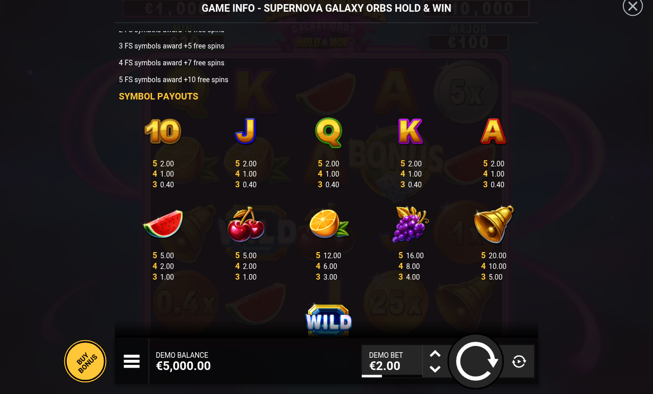 Supernova Galaxy Orbs Hold & Win information screen