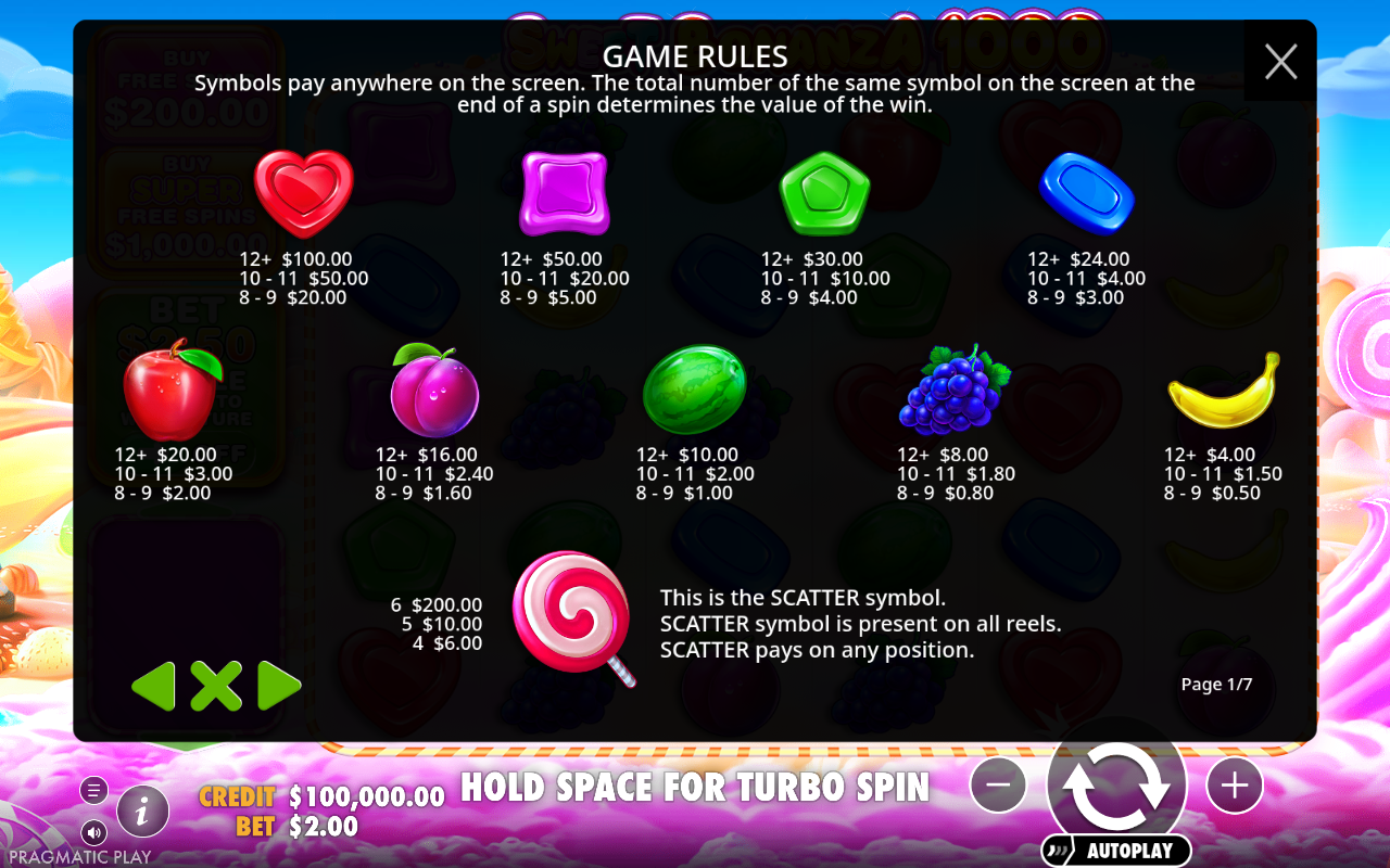 Sweet Bonanza 1000 information screen
